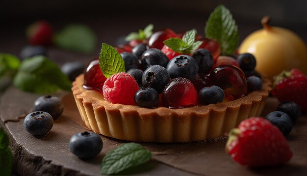 A tart with blueberries and raspberries on top