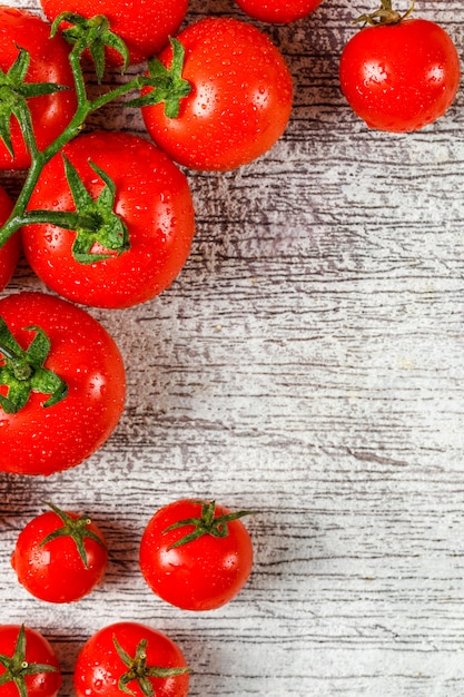 Pomodori raffinati sul fondo di lerciume, vista dell'angolo alto.