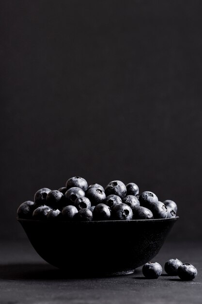 Tasty blueberries in bowl copy space