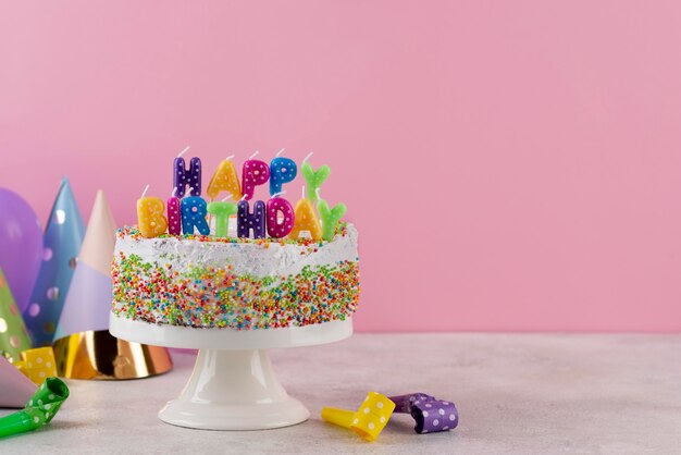 Tasty cake with birthday items