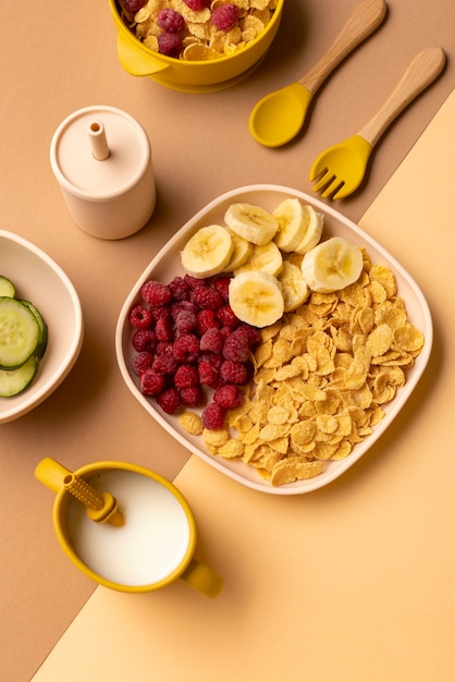 Tasty children's food assortment above view