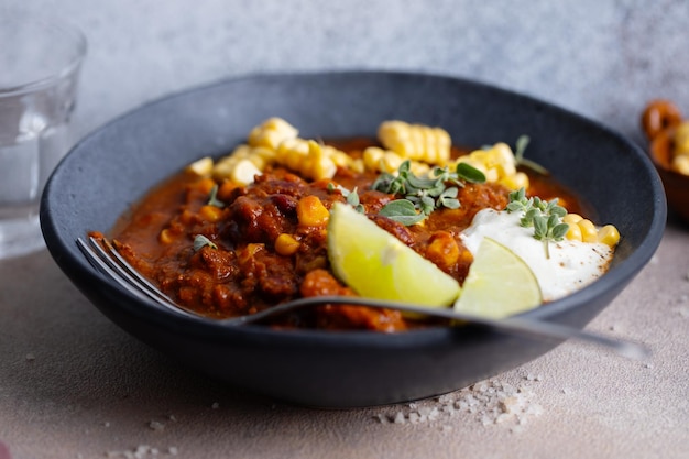 Gustoso chili con carne servito in una ciotola sul tavolo cibo messicano