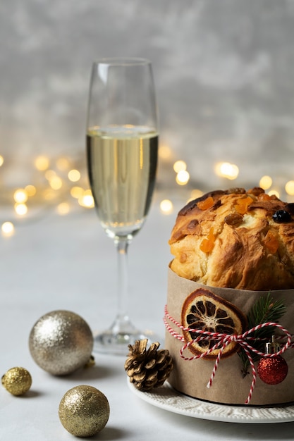 Tasty christmas panettone and drink