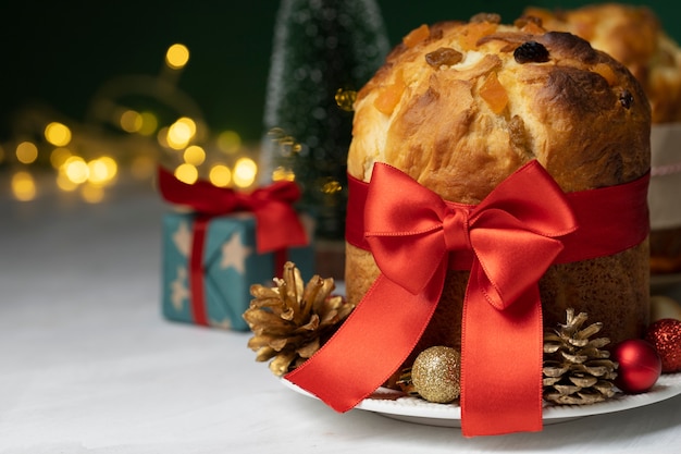Tasty christmas panettone with ribbon