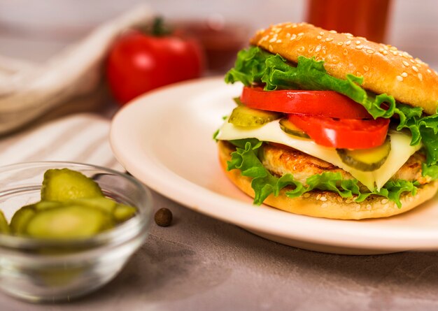 Tasty classic burger with tomato slices close-up