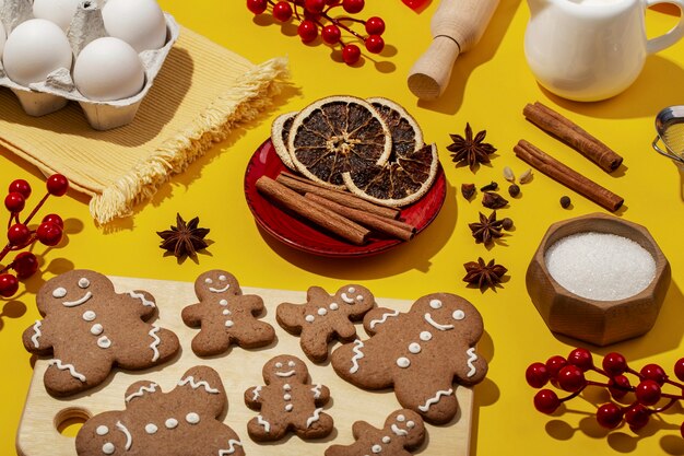 Tasty cookies arrangement on yellow background