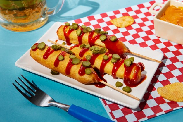 Tasty corn dogs on plate high angle