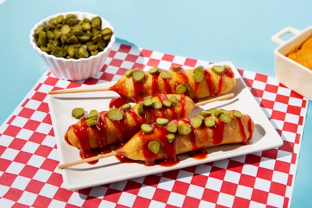 Tasty corn dogs with pickles on plate