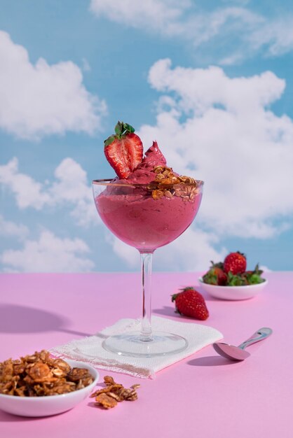 tasty cup of brazilian dessert with strawberries