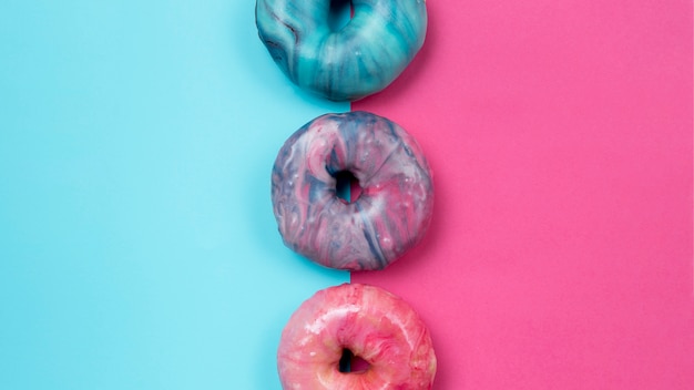 Tasty donuts assortment flat lay