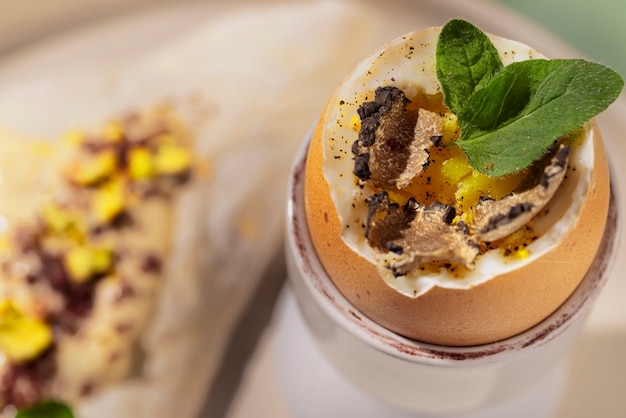 Tasty egg with truffles and pita