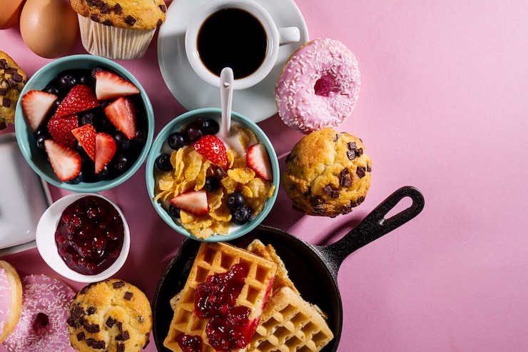 Free Photo tasty fresh breakfast food ingredients on pink bright background. ready to cook. home healthy food cooking concept.
