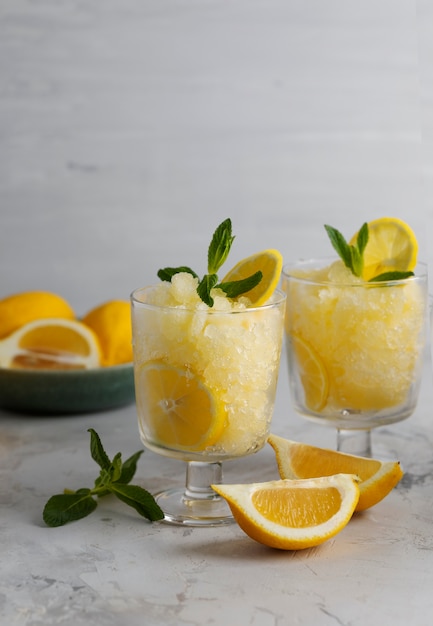 Tasty granita dessert with lemon still life