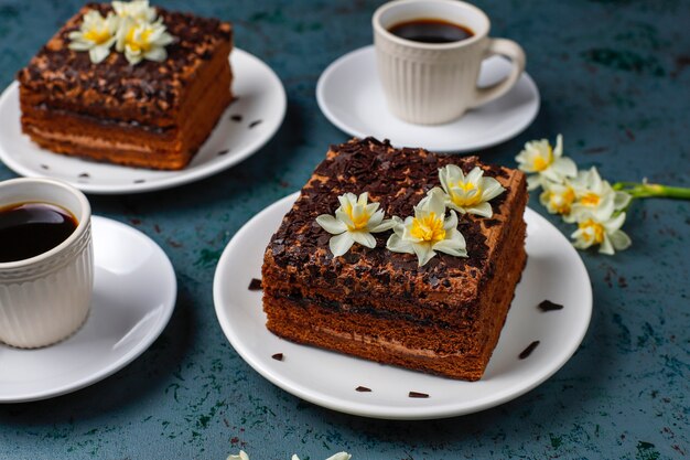 Tasty homemade chocolate truffle cakes with coffee 