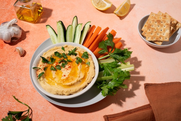 Tasty hummus with parsley high angle