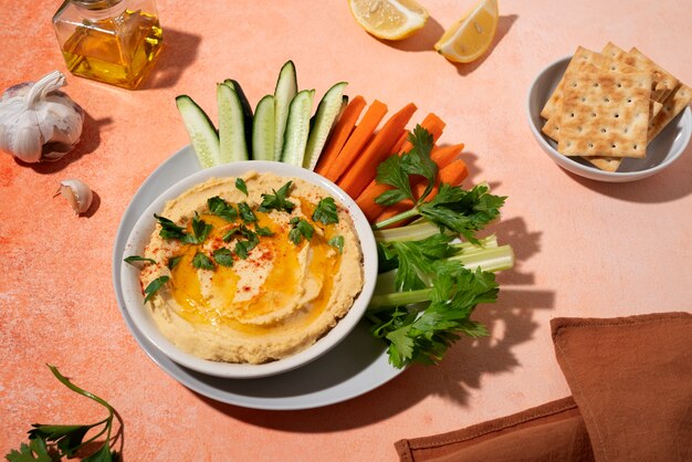 Tasty hummus with parsley high angle