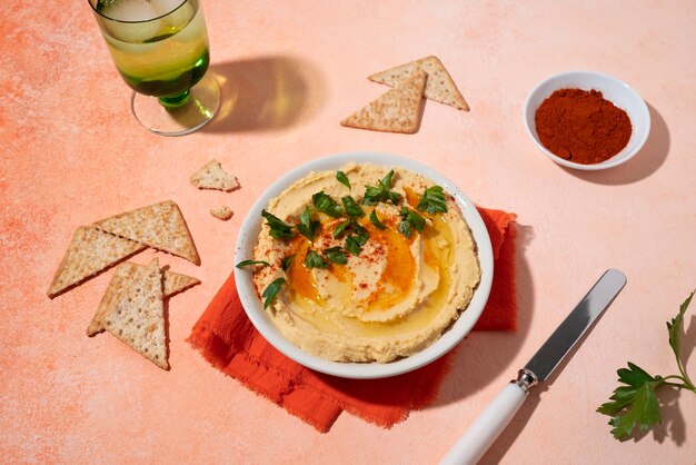 Tasty hummus with parsley above view