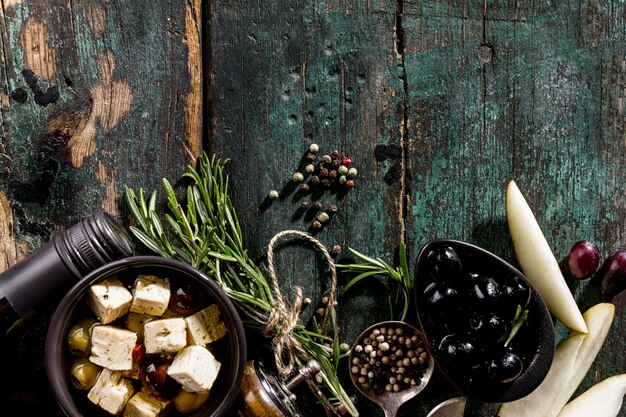 Tasty Italian Greek Mediterranean Food Ingredients Top View on Green Old Rustic Table Above 