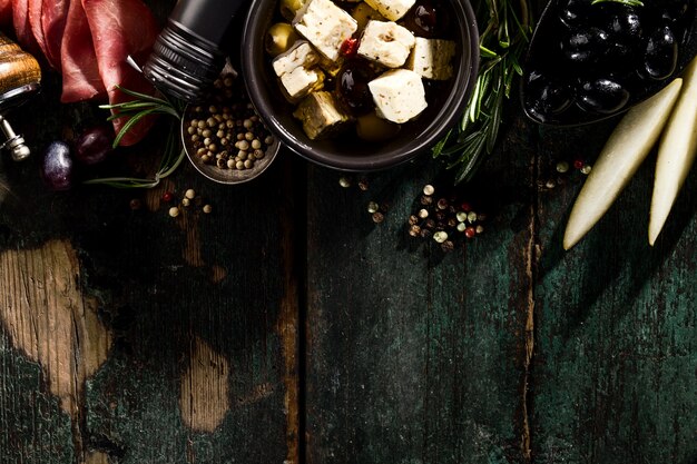 Tasty Italian Greek Mediterranean Food Ingredients Top View on Green Old Rustic Table Above 