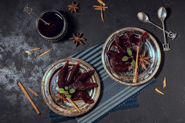 Tasty jelly dessert dish flat lay