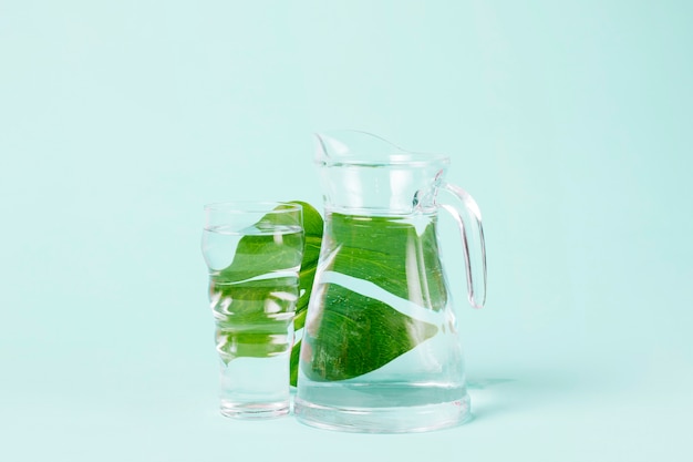 Tasty leaves of mint behind jug of water