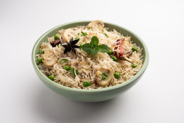Tasty mushroom or mashroom rice or pulav or pilaf or pulao or biryani served in a bowl or plate, selective focus