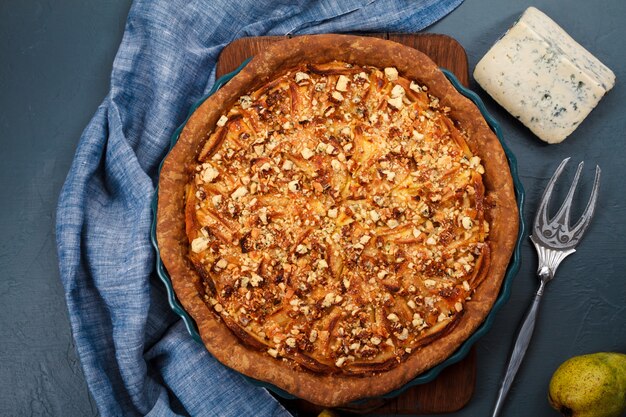 Tasty pie on dish.  From above.