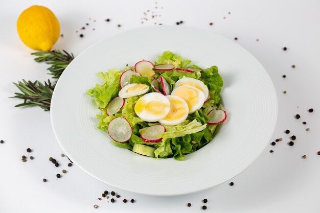 Tasty salad with lettuce radish and eggs