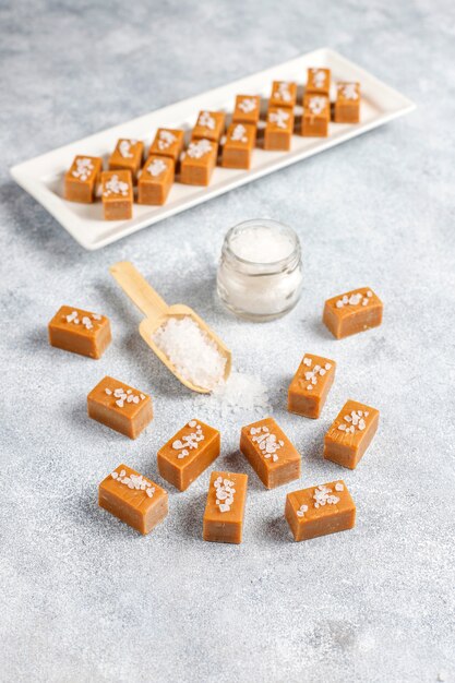 Tasty salty caramel fudge candies with sea salt