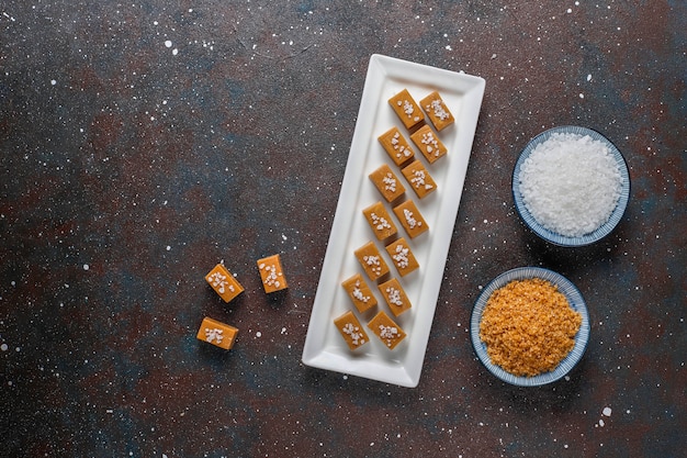 Tasty salty caramel fudge candies with sea salt