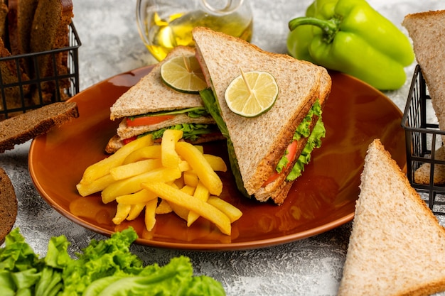 Tasty sandwiches with green lettuce, tomatoes and french fries