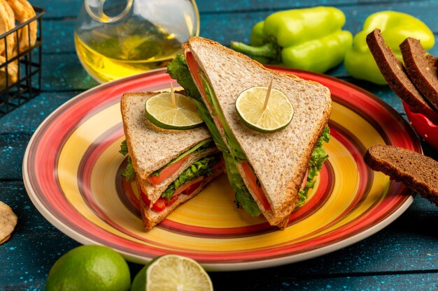 tasty sandwiches with green salad tomatoes along with green bell-pepper bread and lemon on blue