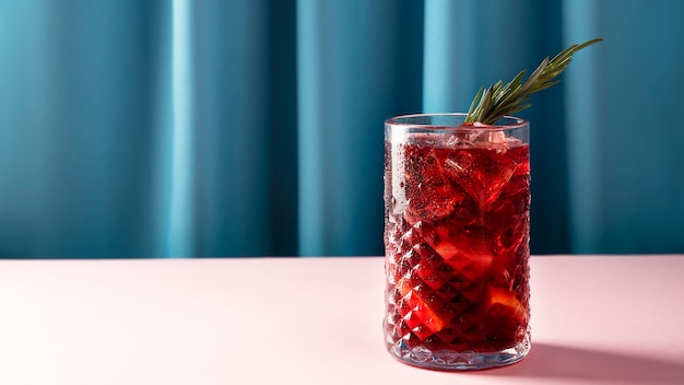 Tasty sangria with herbs on pink table