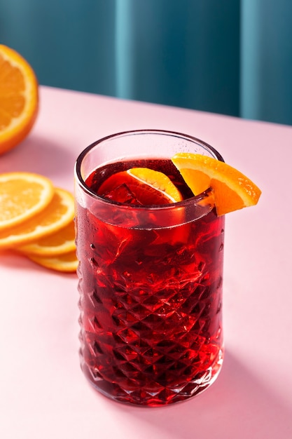 Tasty sangria with orange slices high angle