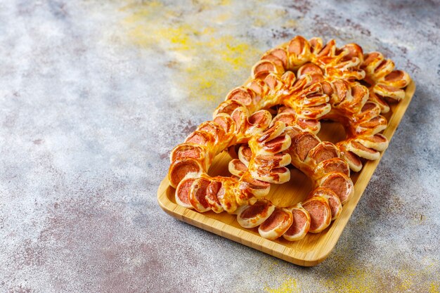 Tasty sausages wrapped in puff pastry.