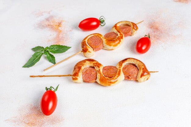 Tasty sausages wrapped in puff pastry.