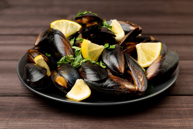 Tasty seafood mussels and lemon