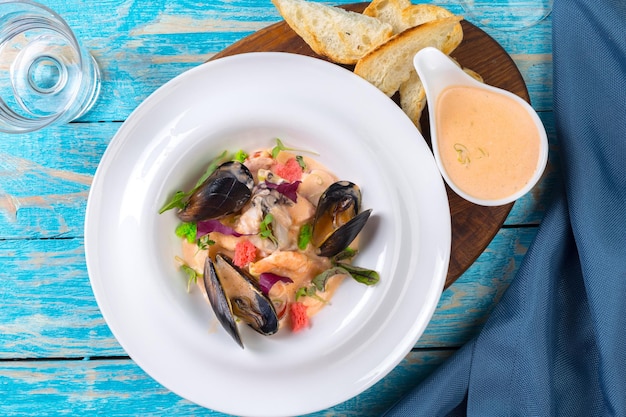 Tasty seafood on plate on table closeup