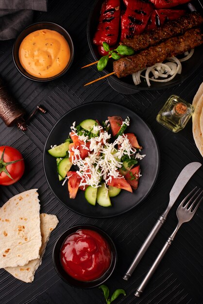 Tasty serbian food arrangement flat lay