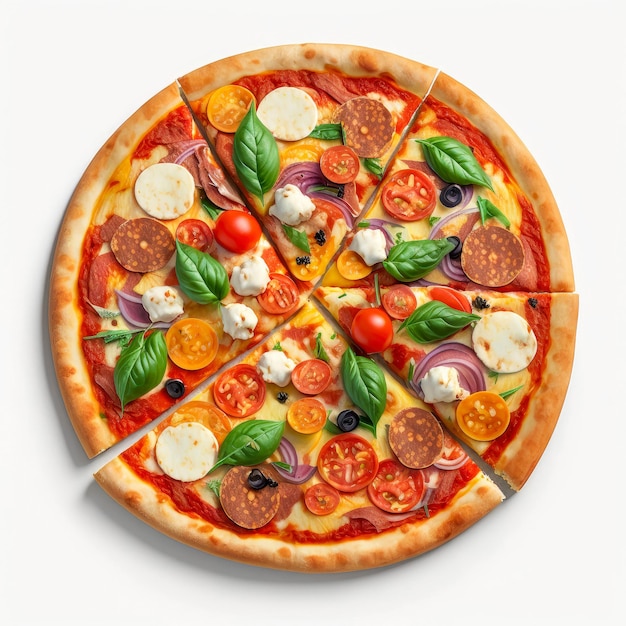 Tasty top view sliced pizza Italian traditional round pizza