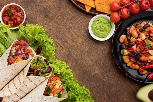 Tasty tortillas with fresh vegetables and meat