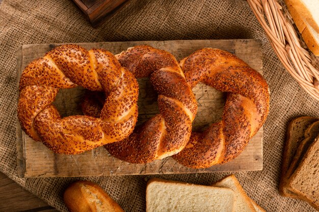 Tasty turkish bagels on kitchen board