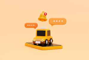 Free photo taxi car on smartphone with reminder popup bell notification alert and bubble chat for online transportation service concept web banner cartoon icon or symbol background 3d illustration