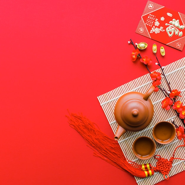 Tea ceremony supplies on bamboo napkin