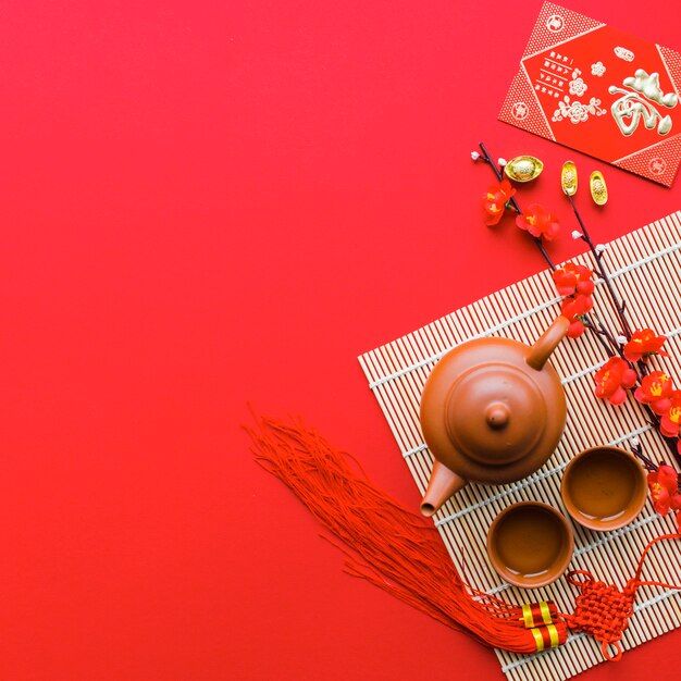 Tea ceremony supplies on bamboo napkin