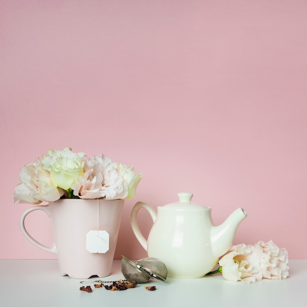 Tea and flowers composition