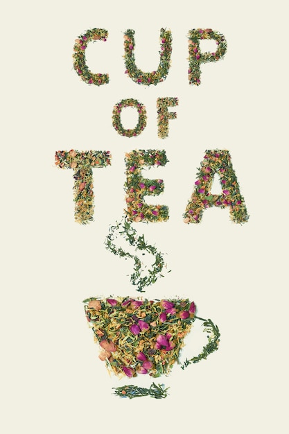 Tea leaf with flowers and fruit word cup of tea, top view