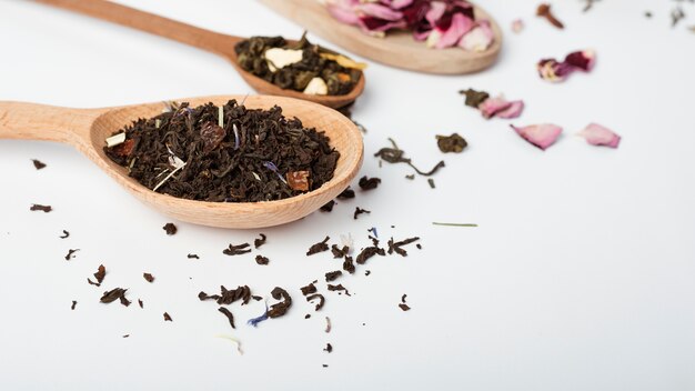 Tea leaves on wooden spoon