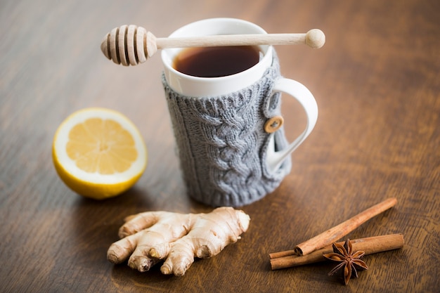 Tea mug with lemon and ginger