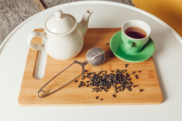 Tea set on board